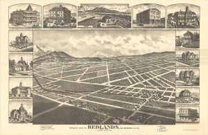 An drawn birdseye view map of Redlands with sketches of buildings around the periphery from 1888.