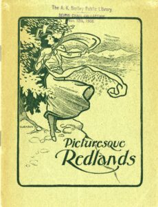 Cover of the brochure "Picturesque Redlands" showing a sketch of a young woman with the San Bernardino Valley and mountains in the background.